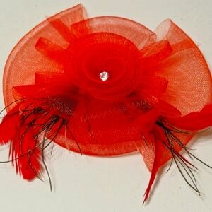 RH25918 Red Mesh & Feathers Fascinator
